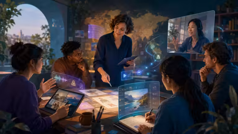 Cinq personnes sont assises autour d'une table, équipées d'ordinateurs portables et de tablettes, et travaillent en collaboration, tandis que deux autres se joignent à elles virtuellement sur de grands écrans flottants. Des graphismes numériques et des icônes liés à l'intelligence artificielle et à l'apprentissage des langues les entourent, évoquant une réunion d'équipe à distance futuriste et innovante dans le domaine numérique. Ambiance de bureau chaleureuse et créative.