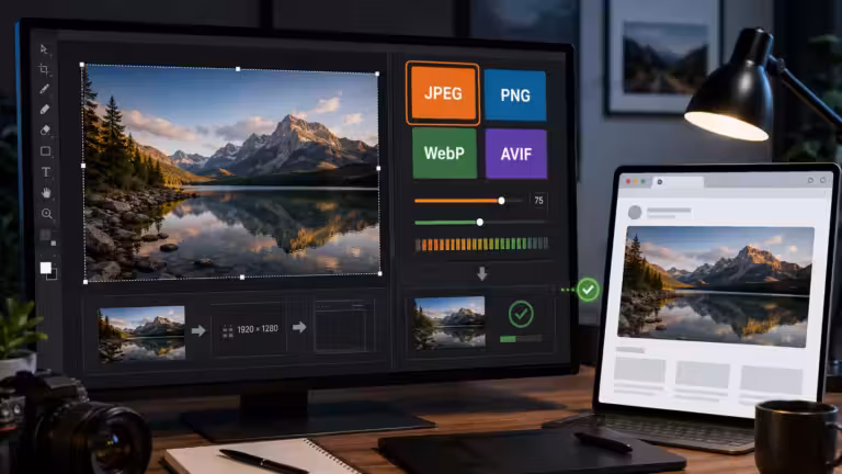 Un écran d'ordinateur de bureau affiche GIMP, un logiciel de retouche photo, avec une photo de paysage et des options de format (JPEG, PNG, WebP, AVIF) destinées à ceux qui souhaitent optimiser leurs images. À côté, un ordinateur portable affiche la même photo de paysage dans un navigateur web. Un appareil photo, un cahier et un stylo sont posés sur le bureau.