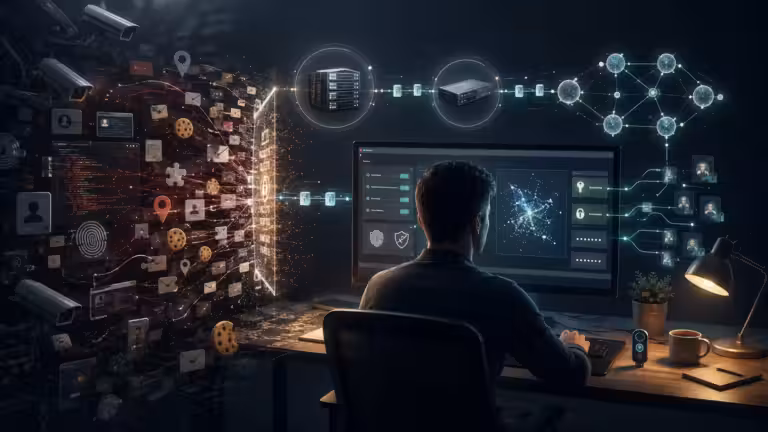 Une personne assise à un bureau fait face à un grand écran affichant des données réseau. Des icônes numériques, des cookies et des éléments de données tourbillonnent depuis la gauche, traversant des dispositifs de sécurité vers la droite, symbolisant le traitement des données, l'anonymat et la sécurité sur Internet. L'environnement est sombre et futuriste.
