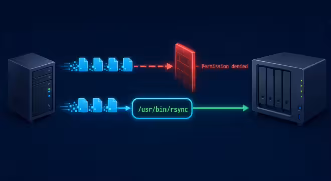 Un serveur tente d'envoyer des fichiers vers un périphérique de stockage Synology ; un pare-feu rouge bloque cette tentative en affichant le message « autorisation refusée ». Ci-dessous, une flèche verte portant la mention « /usr/bin/rsync » transfère avec succès des fichiers du serveur vers le périphérique de stockage Synology. Les deux périphériques sont équipés de voyants lumineux.