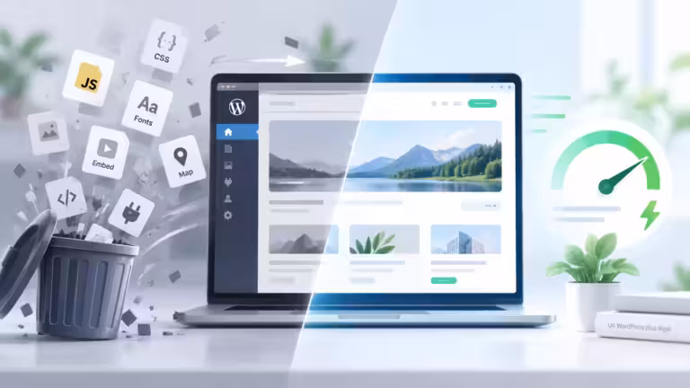 Illustration de l’optimisation WordPress avec suppression des ressources inutiles et amélioration des performances