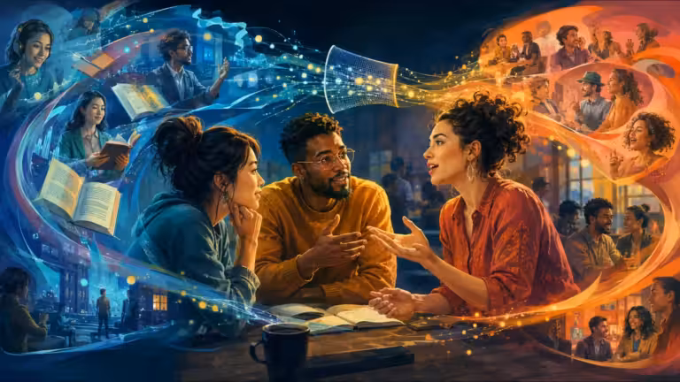 Trois personnes sont assises à une table ; elles discutent et étudient à l'aide de livres. Des tourbillons bleus et orange les entourent, représentant diverses scènes où des personnes lisent, parlent et échangent avec animation — symbolisant le savoir, les conversations animées et la richesse du processus d'apprentissage. Une tasse est posée au premier plan.
