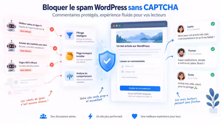 Illustration d’un filtre anti-spam WordPress bloquant les robots sans CAPTCHA tout en laissant passer les vrais commentaires