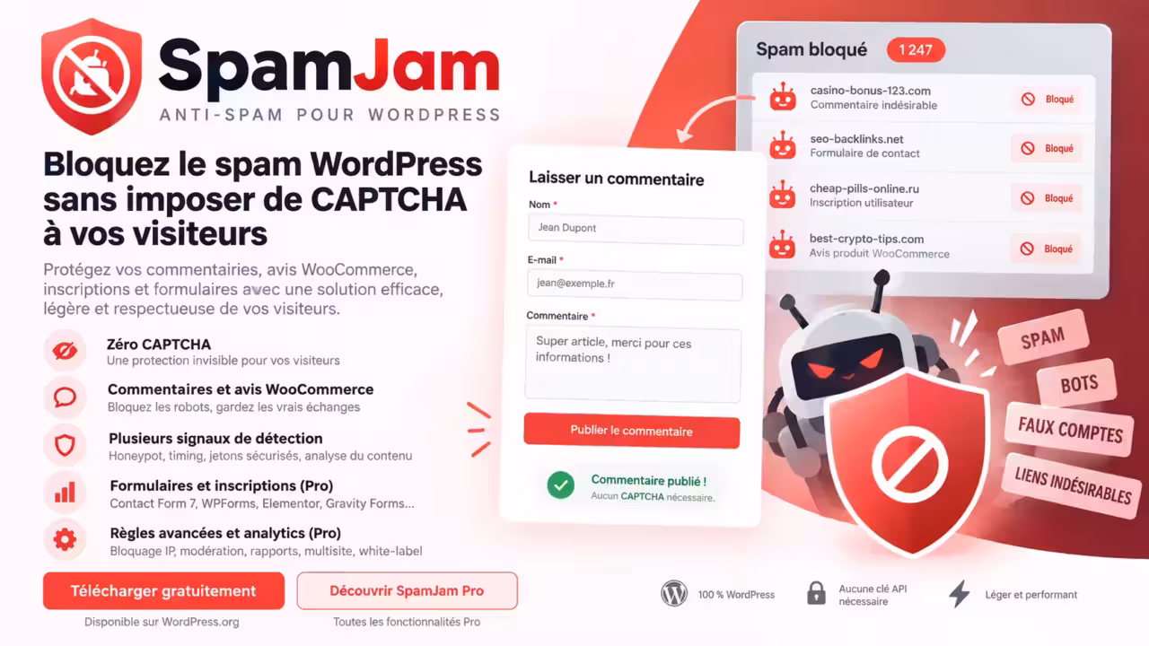 SpamJam bloque le spam WordPress sans CAPTCHA sur les commentaires, avis WooCommerce et formulaires