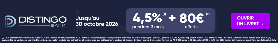 Distingo propose un taux d'intérêt de 4,5 % pendant 3 mois, plus 80 euros, jusqu'au 30 octobre 2026