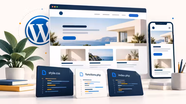 Un écran d'ordinateur et un écran de mobile affichent un thème WordPress personnalisé, ainsi que les fichiers style.css, functions.php et index.php. Une plante en pot est placée à gauche, avec le logo WordPress visible en arrière-plan, pour un site créé sans constructeur de page.