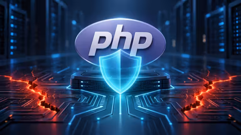 Le logo PHP est placé au-dessus d'un bouclier bleu lumineux sur une plateforme numérique, symbolisant les correctifs de sécurité. L'arrière-plan représente le sol sombre et futuriste d'une salle de serveurs, où des circuits intégrés émettent une lumière bleue et orange.