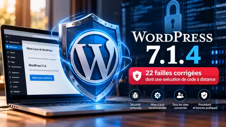 Un bouclier numérique lumineux arborant le logo WordPress protège un ordinateur portable affichant une mise à jour de WordPress 7.1.4. À droite, un texte détaille les 22 failles corrigées et répertorie quatre icônes liées à la sécurité.