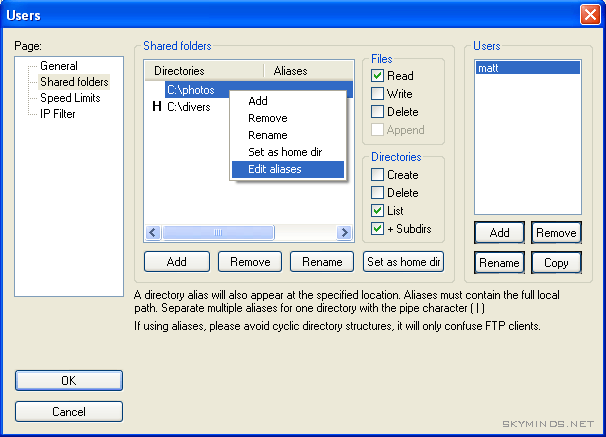 Filezilla Server : edit alias