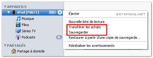 Une capture d'écran montrant une partie d'une fenêtre iTunes, avec l'accent sur un menu contextuel offrant des options pour gérer un appareil iPhone, l'option « sauvegarder » pour sauvegarder le périphérique iPhone est mise en évidence.