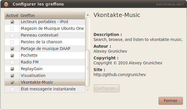 Une capture d'écran affichant une liste de plugins liés à la musique pour une application de lecteur multimédia Rhythmbox avec un accent sur la description du plugin 