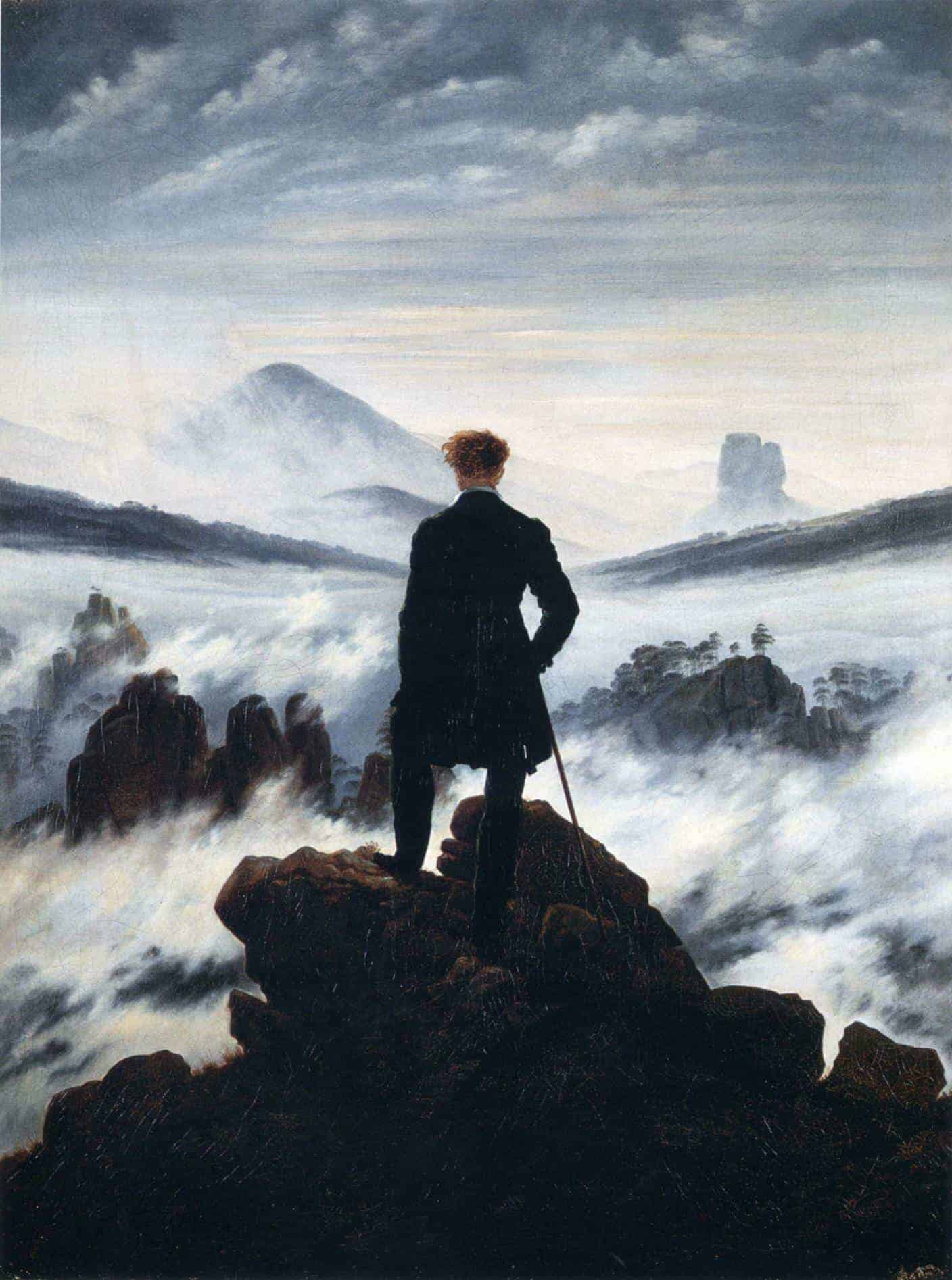 Wanderer above the Sea of Fog, oil painting by Caspar David Friedrich, 1818.
