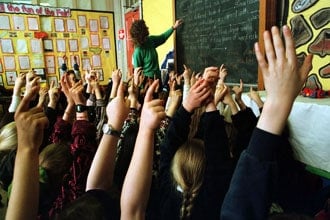 students hands up