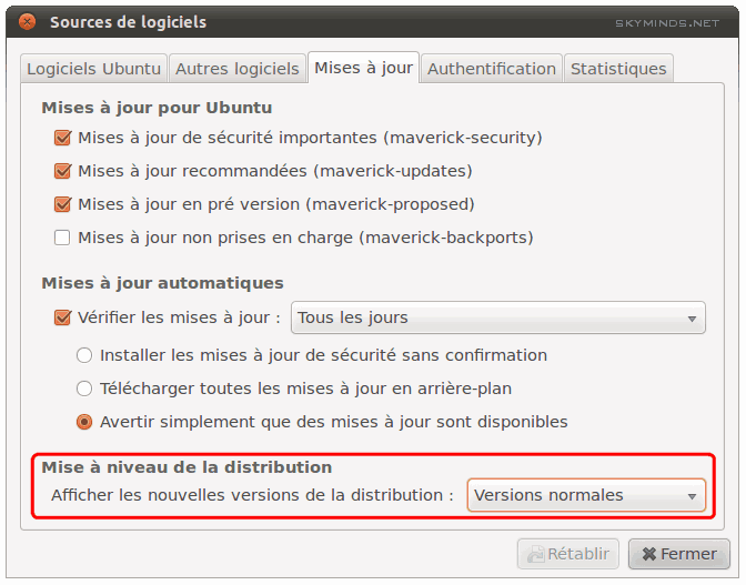 Capture d'écran de la fenêtre des paramètres 