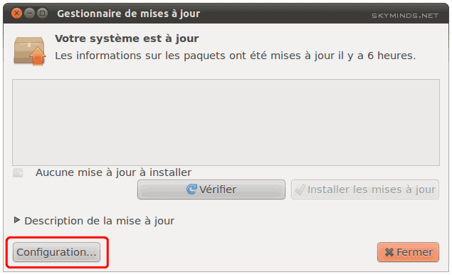 Fenêtre du gestionnaire de mise à jour en français indiquant que le système Ubuntu est à jour, avec des options de vérification, de configuration et de fermeture.